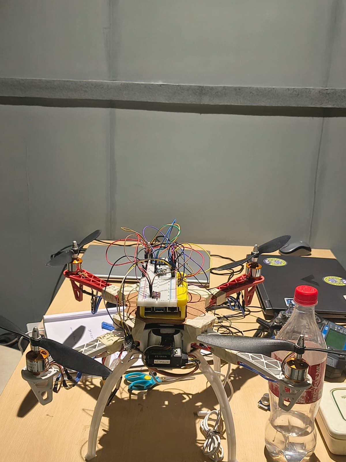 Drone electronics arranged on a workbench